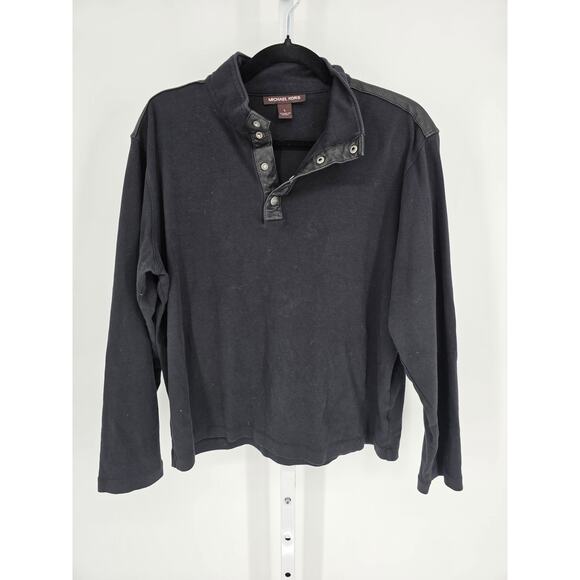Michael Kors Mens Sz L T Snap Front Lightweight Sweater Black Faux Leather Trim - Picture 1 of 4